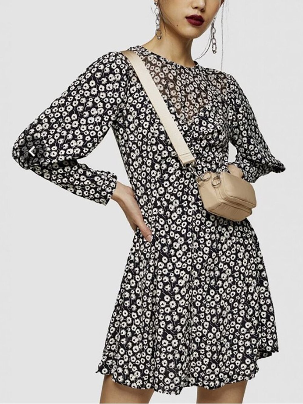 TOPSHOP Black Floral Twist Front Mini Dress – Long Sleeve – Size 6 (UK10) – NWT